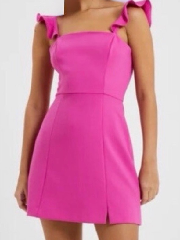 French Connection Whisper Ruffle Strap Mini Babydoll Dress Barbie Hot Pink Euc